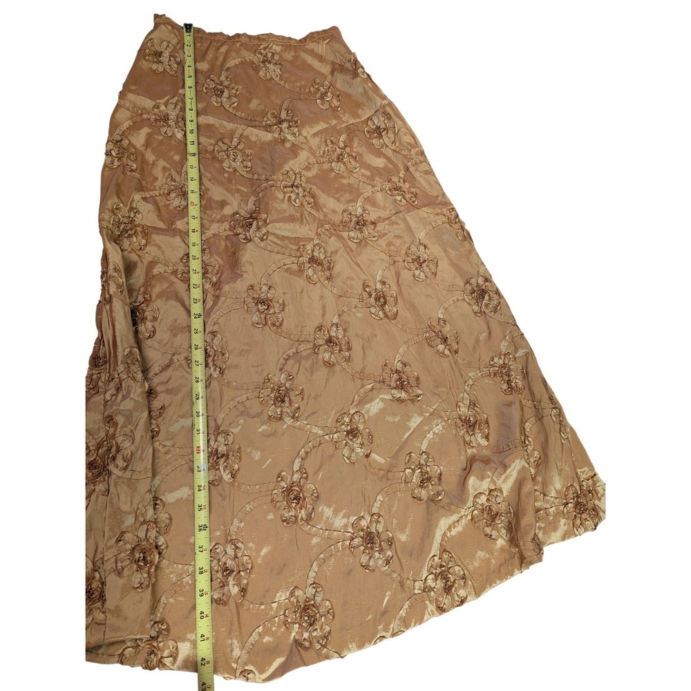 Vtg Handmade Gold Taffeta Maxi Skirt 3D Rosette Floral Appliqué Iridescent Boho - Picture 3 of 12